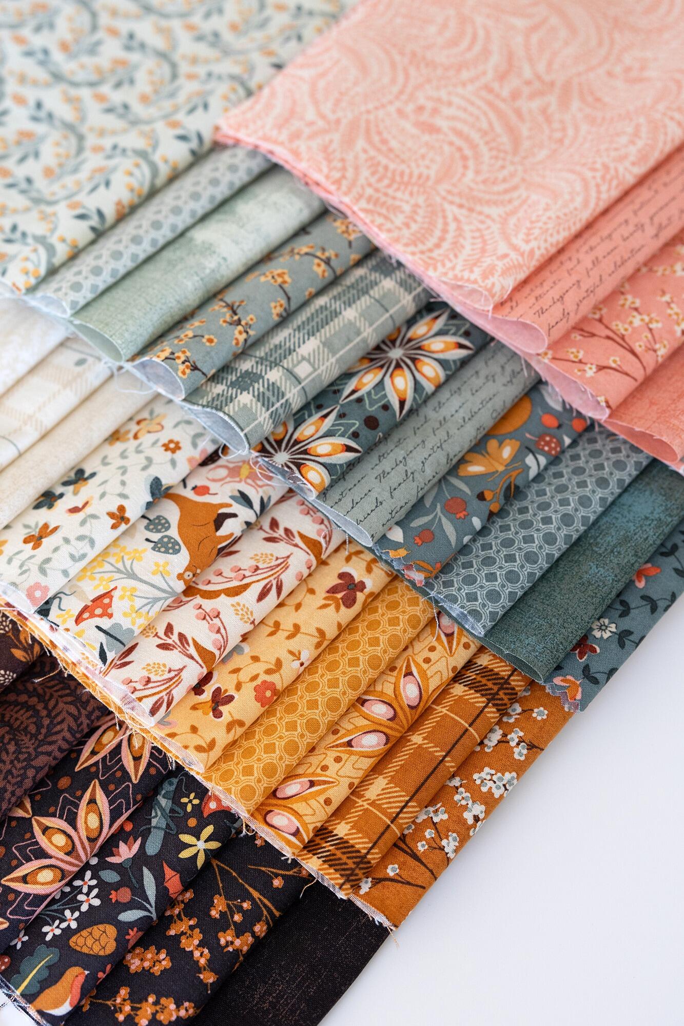 Moda, acorn hollow, basicgrey, autumnal fabric, autumn charm pack, woodland animals, 5 inch squares, patchwork squares