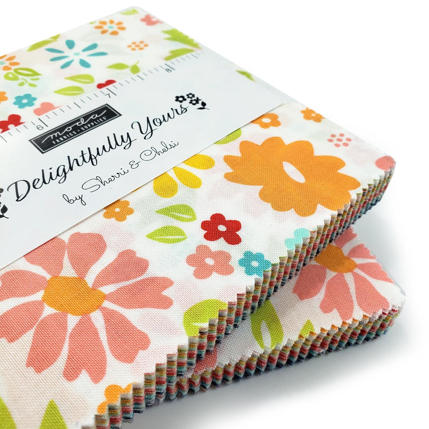 Moda, delightfully yours, sherri & chelsi,charm pack, floral, bright, modern florals, colourful patchwork squares