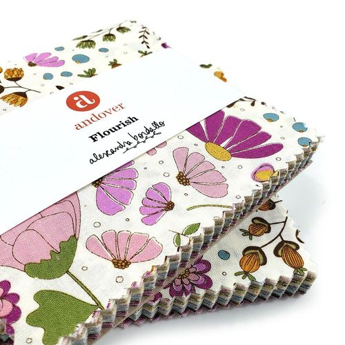 Andover, flourish, charm pack, 5 inch squares, easy quilting, floral fabric, floral patchwork squares