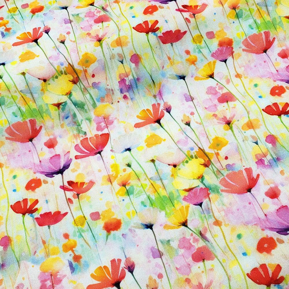 Spring into beauty fabric, 3wishes, blue and pink feathers, pastel florals, watercolour floral fabric