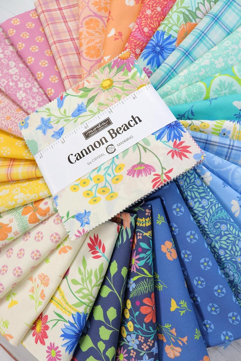 Moda, cannon beach, bright, floral fabric, floral, squares for patchwork, cotton, easy quilting, precut squares,charm pack, crystal manning fabric