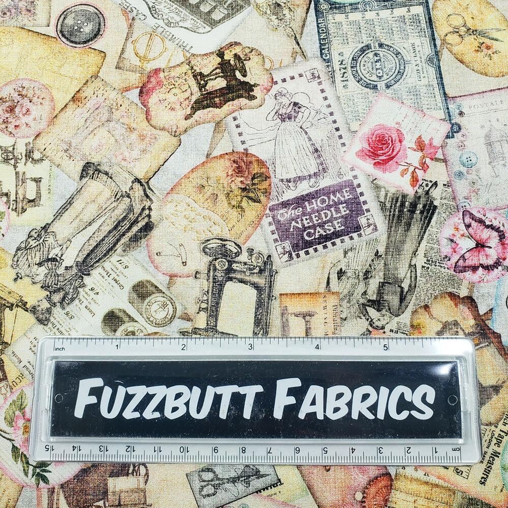 sew shabby chic, vintage sewing machines, fabric panel, vintage tape measures, sewing ephemera, junk journal fabric