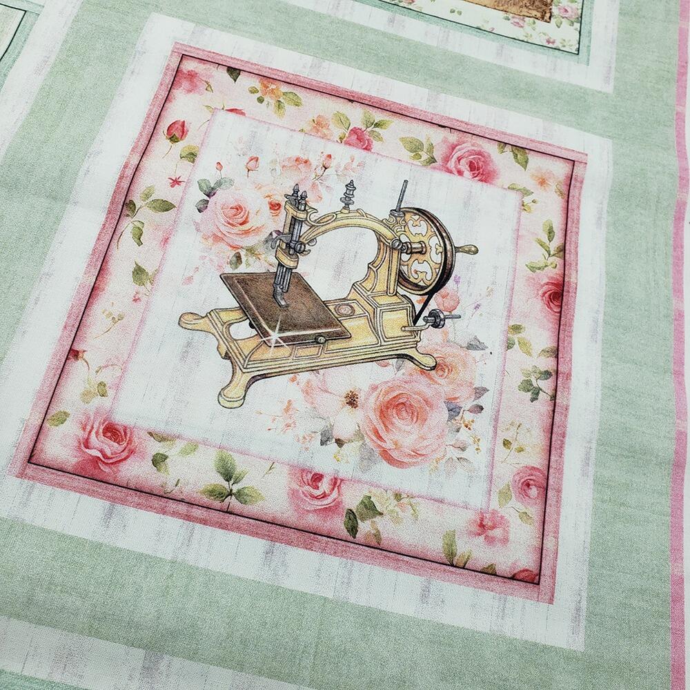 sew shabby chic, vintage sewing machines, fabric panel, vintage tape measures, sewing ephemera, junk journal fabric