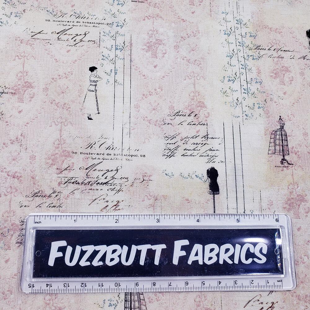 Junk journal fabric, slow stitch fabric, vintage paris, old handwriting, vintage sewing, parisian snippets, blank quilting, sewing themed fabric