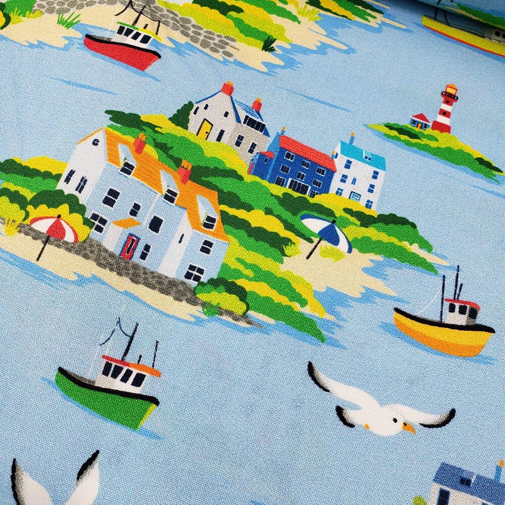 harbour fabric, seashore, vintage seashore fabric,lighthouses, fishing boats, seagulls, QT fabrics, by the seashore