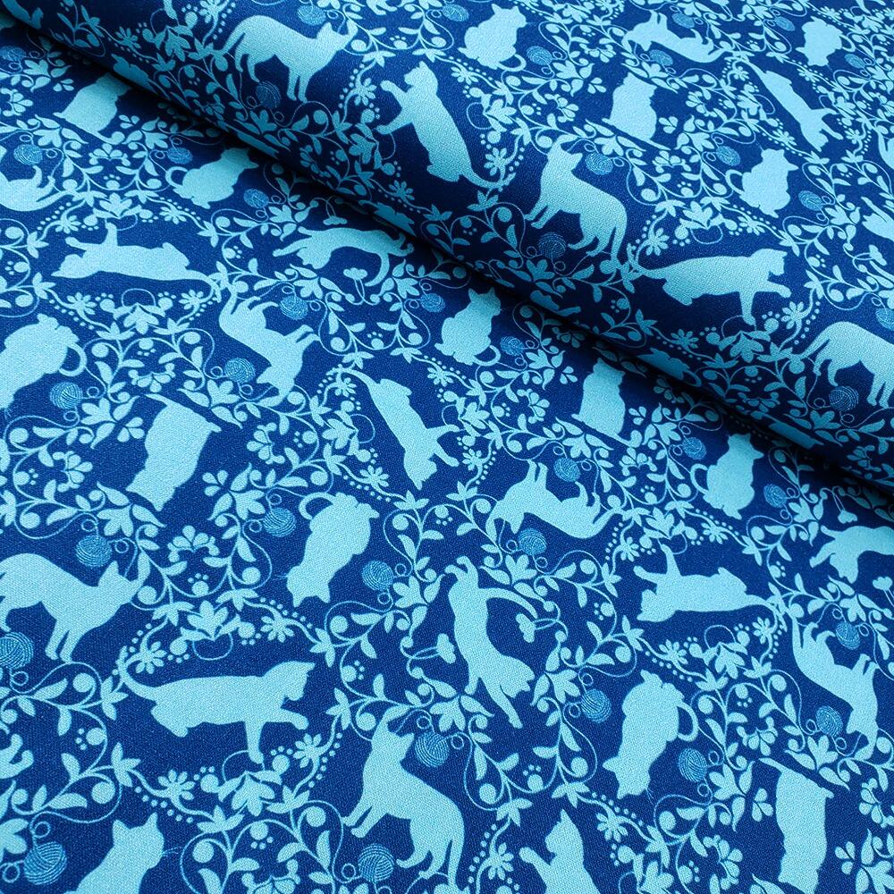 cat fabric, curious kittycats, julie lynch, blue cats, cat themed fabric uk