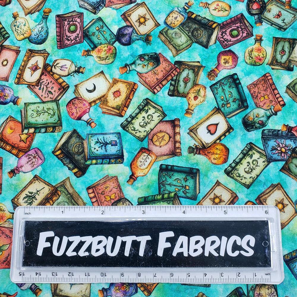 witchypoo, halloween fabric, witches panel, spell bottles, spell books, cotton spooky fabric, QT fabrics