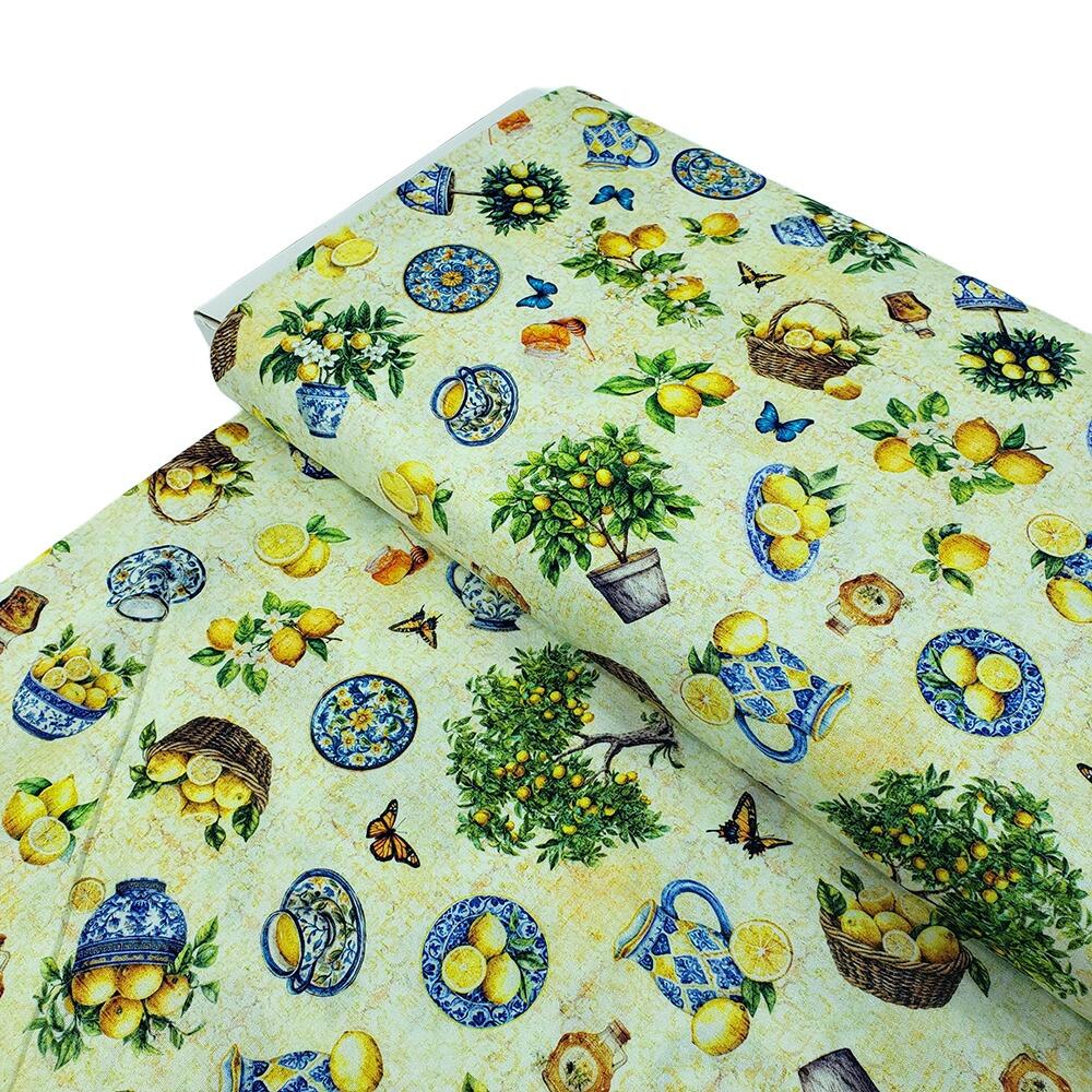 QT fabrics, citrus bliss, lemon trees, vintage teapots, junk journal, slow stitch fabric, butterflies