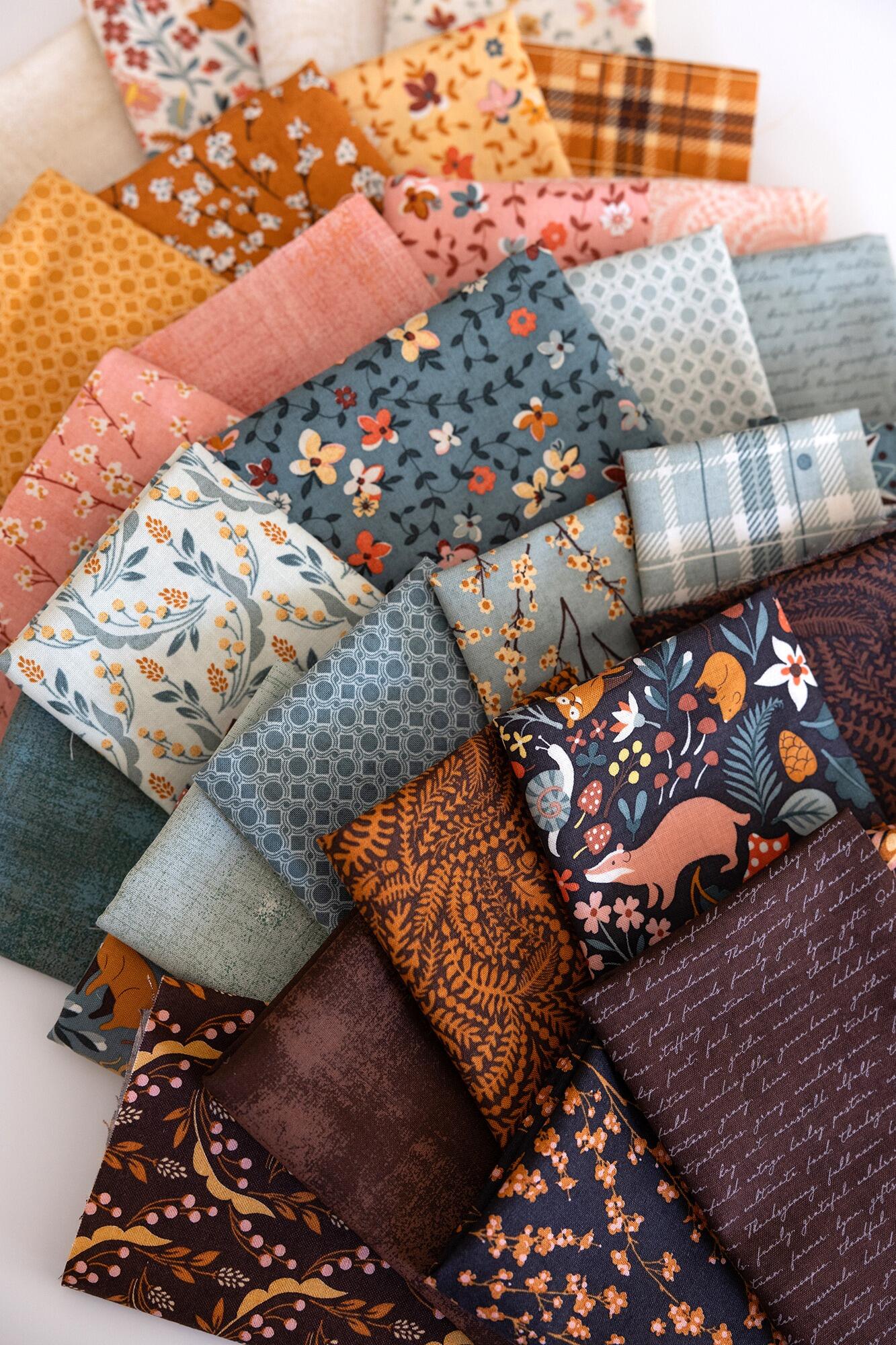 Moda, acorn hollow, basicgrey, autumnal fabric, autumn charm pack, woodland animals, 5 inch squares, patchwork squares