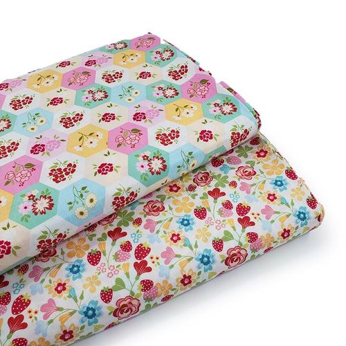 rosy cheeks,poppie cotton, flowers,strawberries, roses,pastels, vintage, colourful, hexies, patchwork cheater
