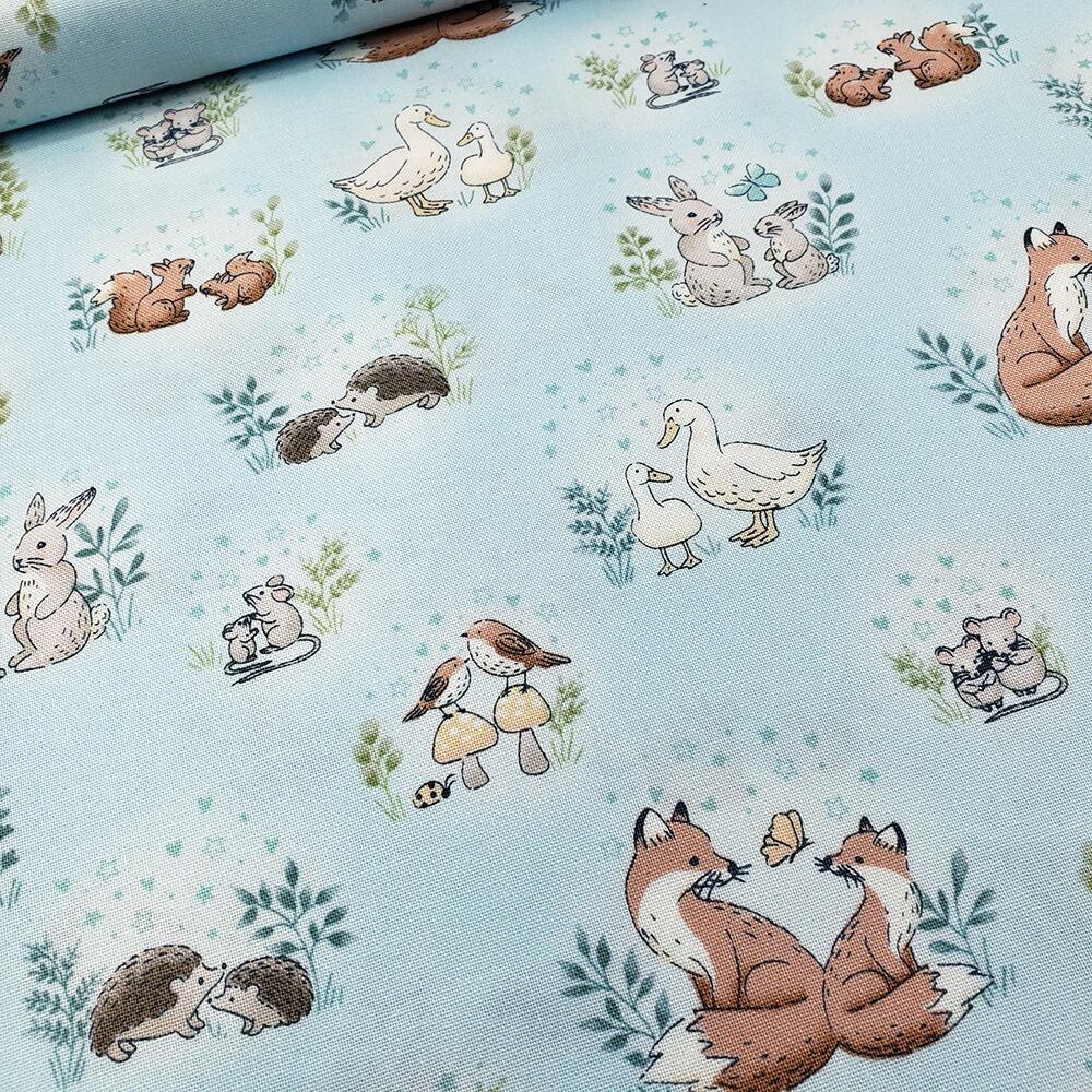 Makower, woodland wonder, forest animal fabric, foxes, wildlife, rabbits, mice, 100% cotton fabric