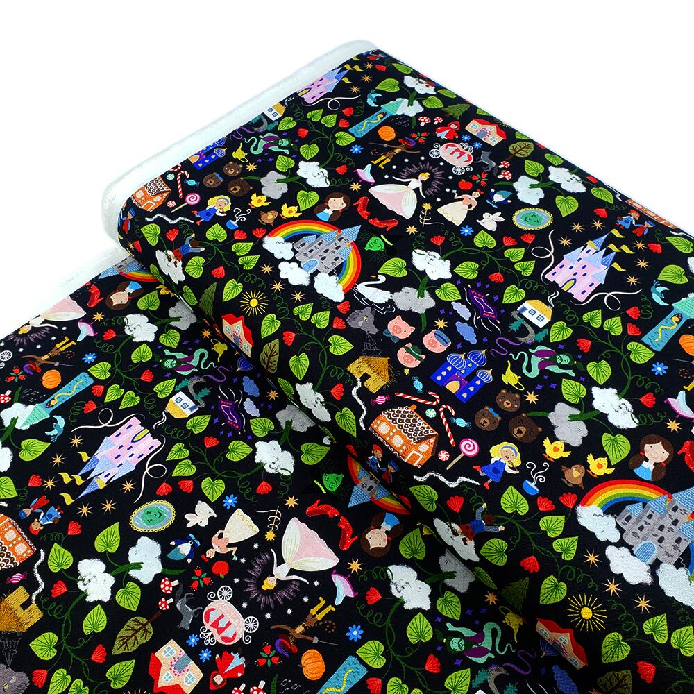 Lewis & Irene small things fairytales, farytale fabric, jack and the beanstalk, goldilocks, rapunzel, cotton double border, fairytales scatter fabric
