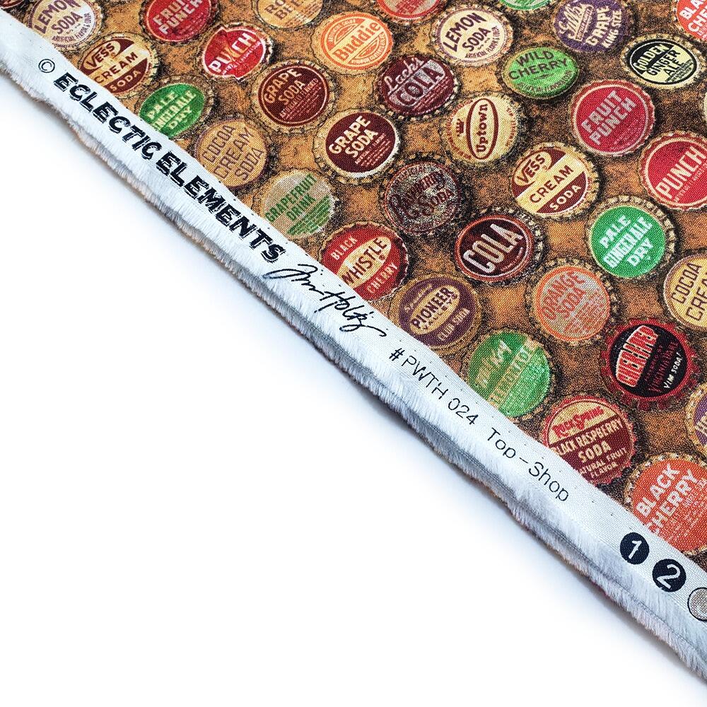 Tim Holtz, top shop, fat quarter, palette, junk journal fabric, slow stitch, vintage style, eclectic elements, monochrome, abandoned, PWTH024, vintage bottle tops
