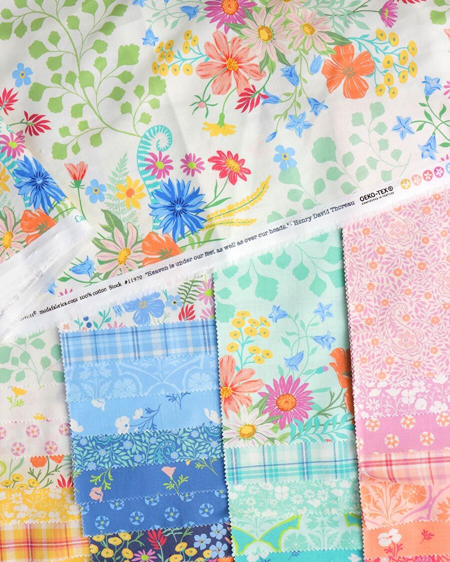 Moda, cannon beach, bright, floral fabric, floral, squares for patchwork, cotton, easy quilting, precut squares,charm pack, crystal manning fabric