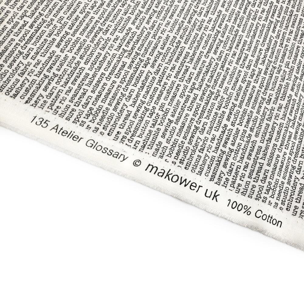 Makower atelier, tape measures fabric, typed sewing words, fashion themed fabric, tailor's fabric