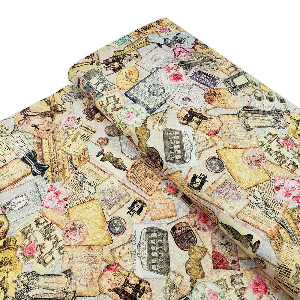 sew shabby chic, vintage sewing machines, fabric panel, vintage tape measures, sewing ephemera, junk journal fabric