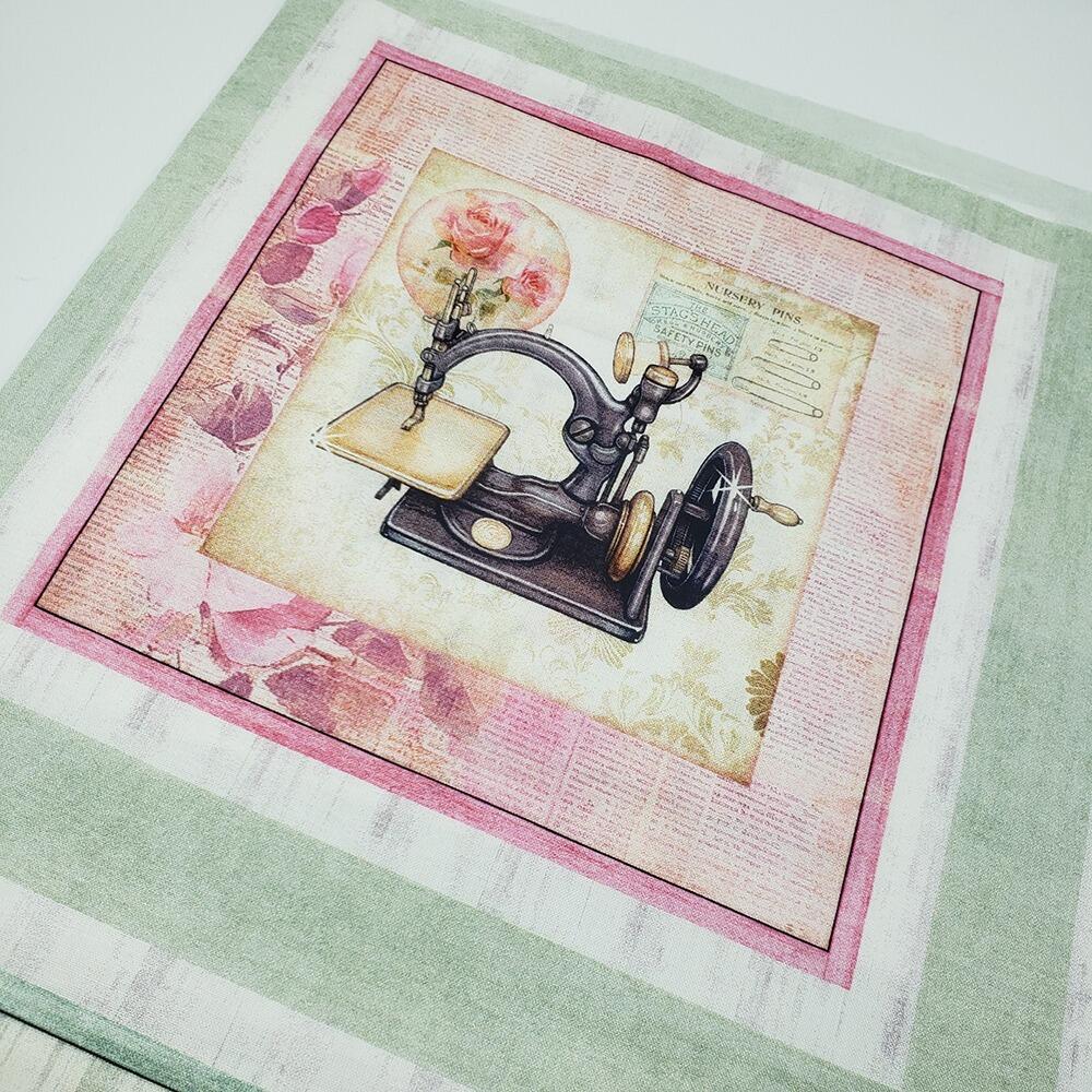 sew shabby chic, vintage sewing machines, fabric panel, vintage tape measures, sewing ephemera, junk journal fabric