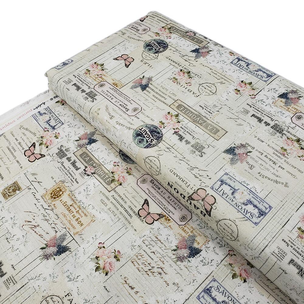 Junk journal fabric, slow stitch fabric, vintage paris, old handwriting, vintage sewing, parisian snippets, blank quilting, sewing themed fabric