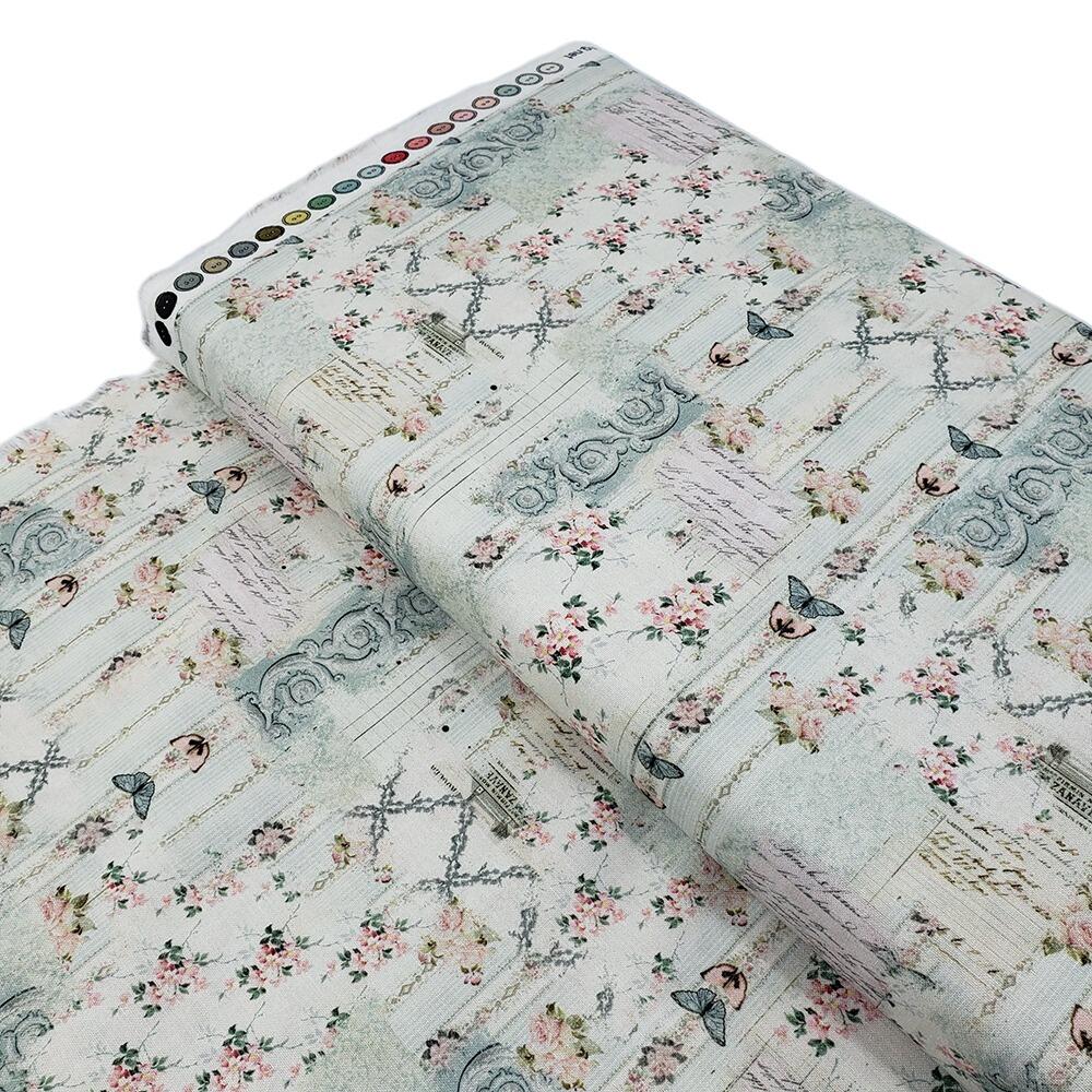 Junk journal fabric, slow stitch fabric, vintage paris, old handwriting, vintage sewing, parisian snippets, blank quilting, sewing themed fabric