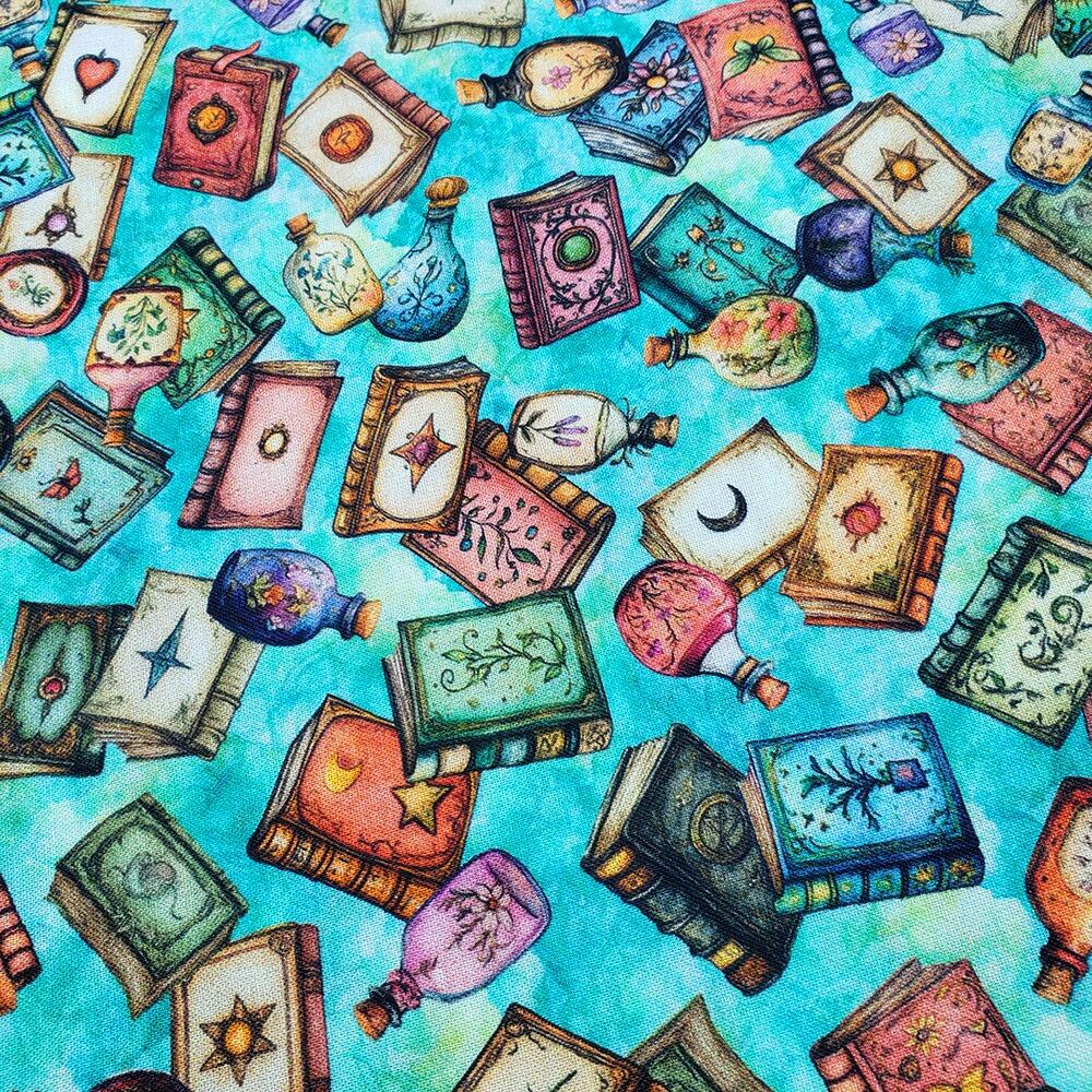 witchypoo, halloween fabric, witches panel, spell bottles, spell books, cotton spooky fabric, QT fabrics