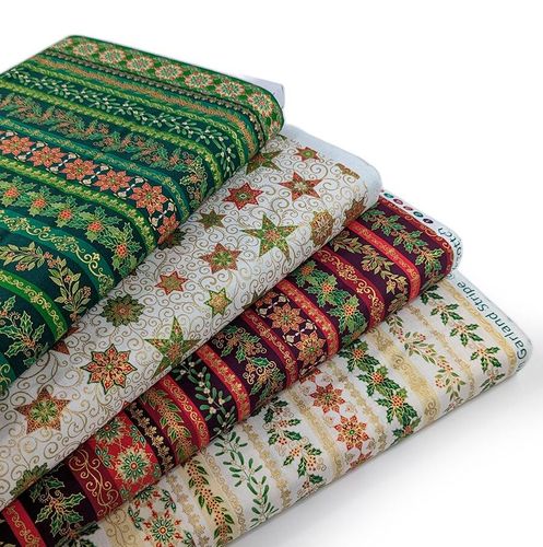 Makower Adorn, a traditional style Christmas fabric featuring gold metallic highlights.