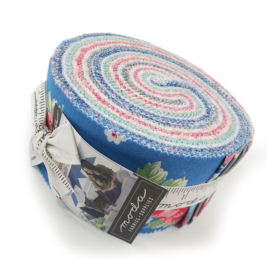 Moda, a cat named stitch jelly roll, pastel floral fabric, cottagecore, roses, strips for patchwork, cotton, easy quilting, precut strips, charm pack, camille roskelly