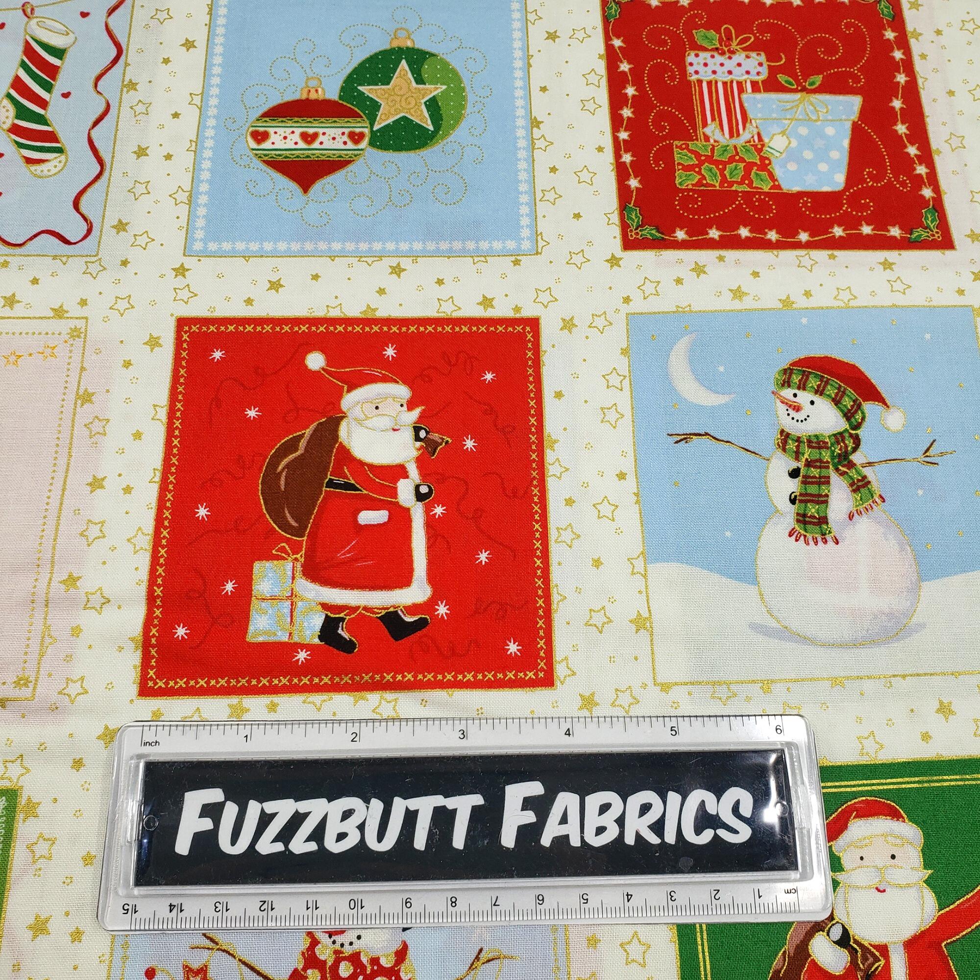 Makower Good Tidings 100% cotton Christmas fabric panels, deer, wreaths, snowmen
