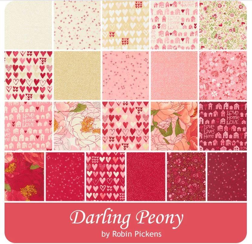 moda charm pack, fabric squares,cotton squares, patchwork cotton squares, darling peony, robin pickens, watercolour flowers