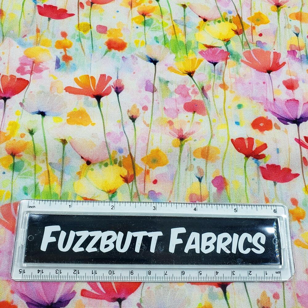 Spring into beauty fabric, 3wishes, blue and pink feathers, pastel florals, watercolour floral fabric