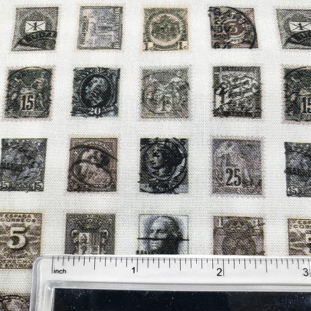 vintage stamps, Tim Holtz fat quarter, palette, junk journal fabric, slow stitch, vintage style, eclectic elements, monochrome, abandoned