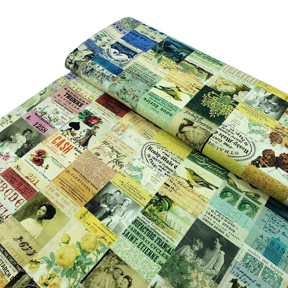 vintage stamps, Tim Holtz fat quarter, palette, junk journal fabric, slow stitch, vintage style, eclectic elements, monochrome, abandoned,PWTH320