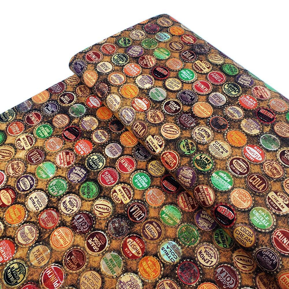 Tim Holtz, top shop, fat quarter, palette, junk journal fabric, slow stitch, vintage style, eclectic elements, monochrome, abandoned, PWTH024, vintage bottle tops