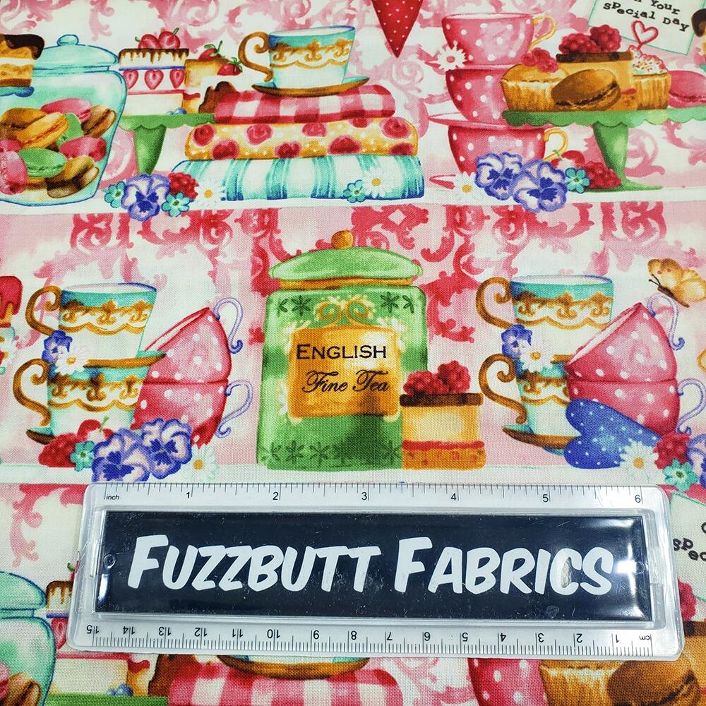 afternoon tea fabric, cakes, birds, teacups, sweet treats, bella coco fabric