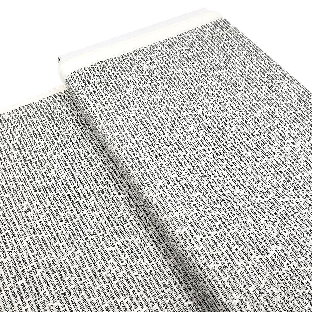 Makower atelier, tape measures fabric, typed sewing words, fashion themed fabric, tailor's fabric