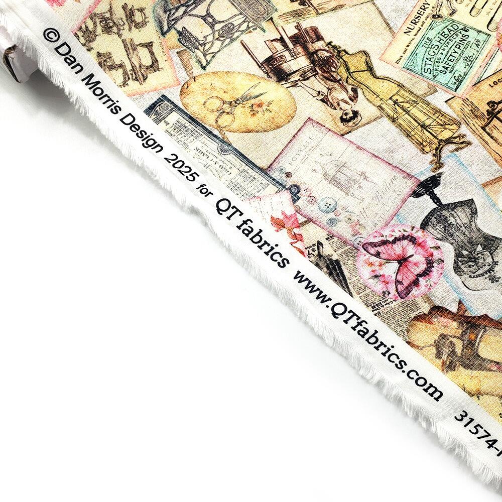 sew shabby chic, vintage sewing machines, fabric panel, vintage tape measures, sewing ephemera, junk journal fabric
