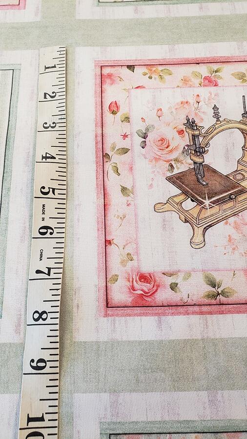 sew shabby chic, vintage sewing machines, fabric panel, vintage tape measures, sewing ephemera, junk journal fabric