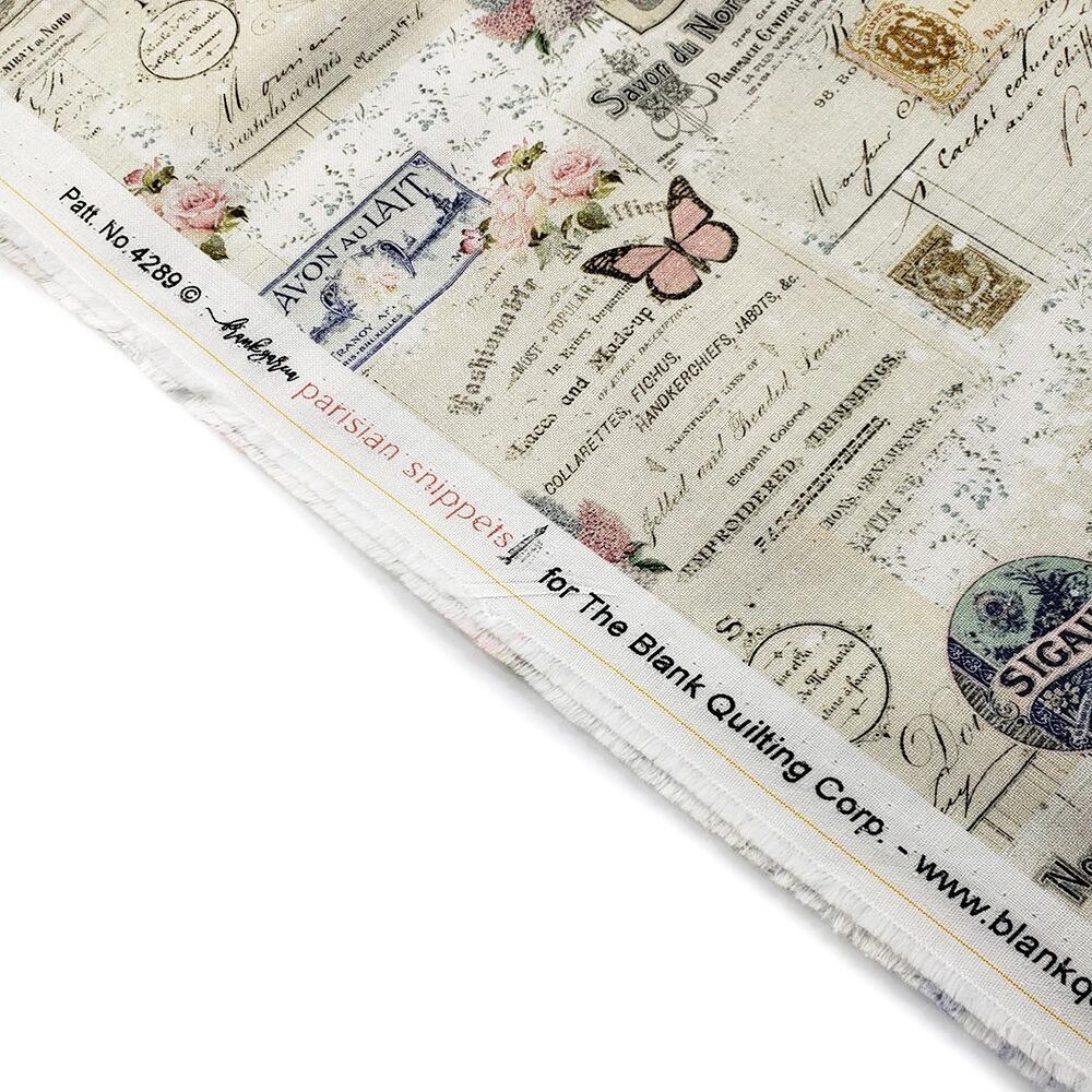 Junk journal fabric, slow stitch fabric, vintage paris, old handwriting, vintage sewing, parisian snippets, blank quilting, sewing themed fabric