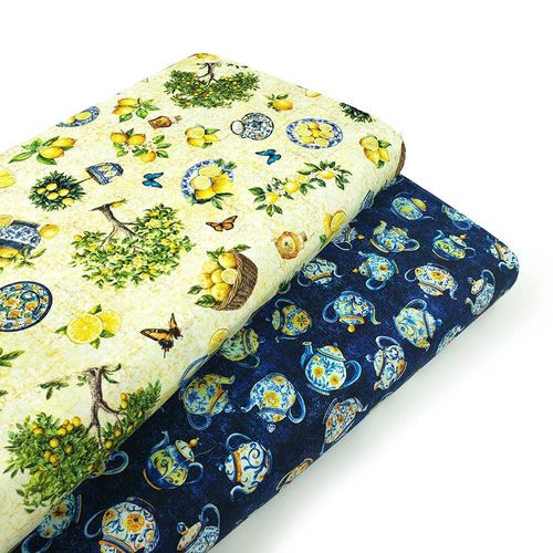 QT fabrics, citrus bliss, lemon trees, vintage teapots, junk journal, slow stitch fabric, butterflies