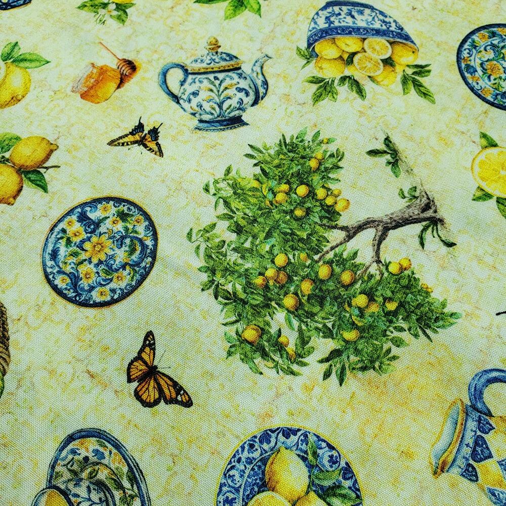 QT fabrics, citrus bliss, lemon trees, vintage teapots, junk journal, slow stitch fabric, butterflies