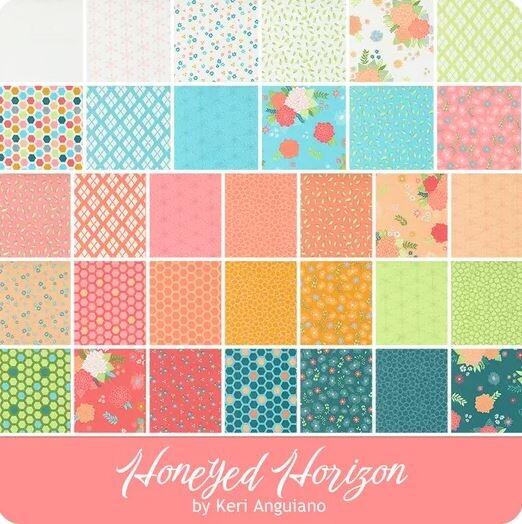 moda charm pack, honeyed horizon, Keri Anguiano, modern charm pack, hexies, florals, bright colours, summer fabric, cotton squares