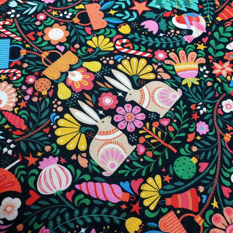 Geetanjali Behera fabric, deck the halls, thread and ink, bright colours, festive fabric, nutcracker fabric, reindeer, rabbits, christmas gifts