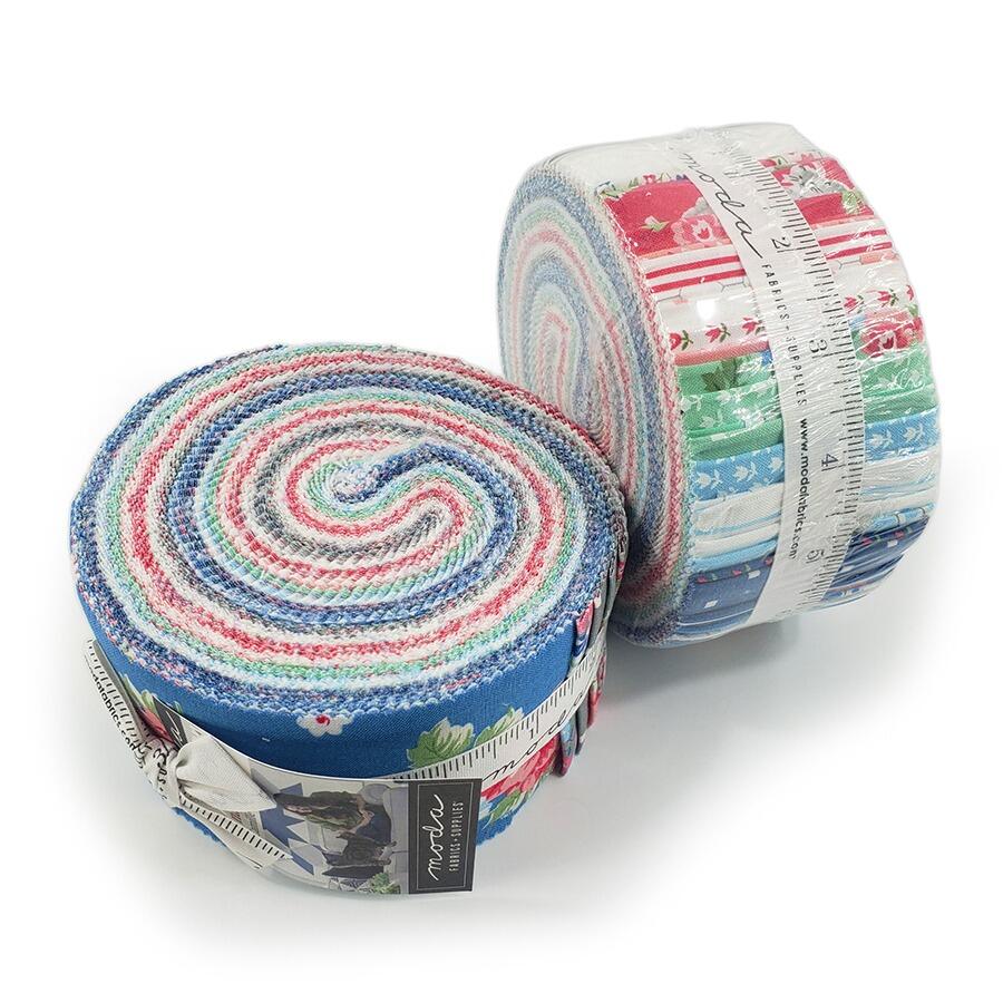 Moda, a cat named stitch jelly roll, pastel floral fabric, cottagecore, roses, strips for patchwork, cotton, easy quilting, precut strips, charm pack, camille roskelly
