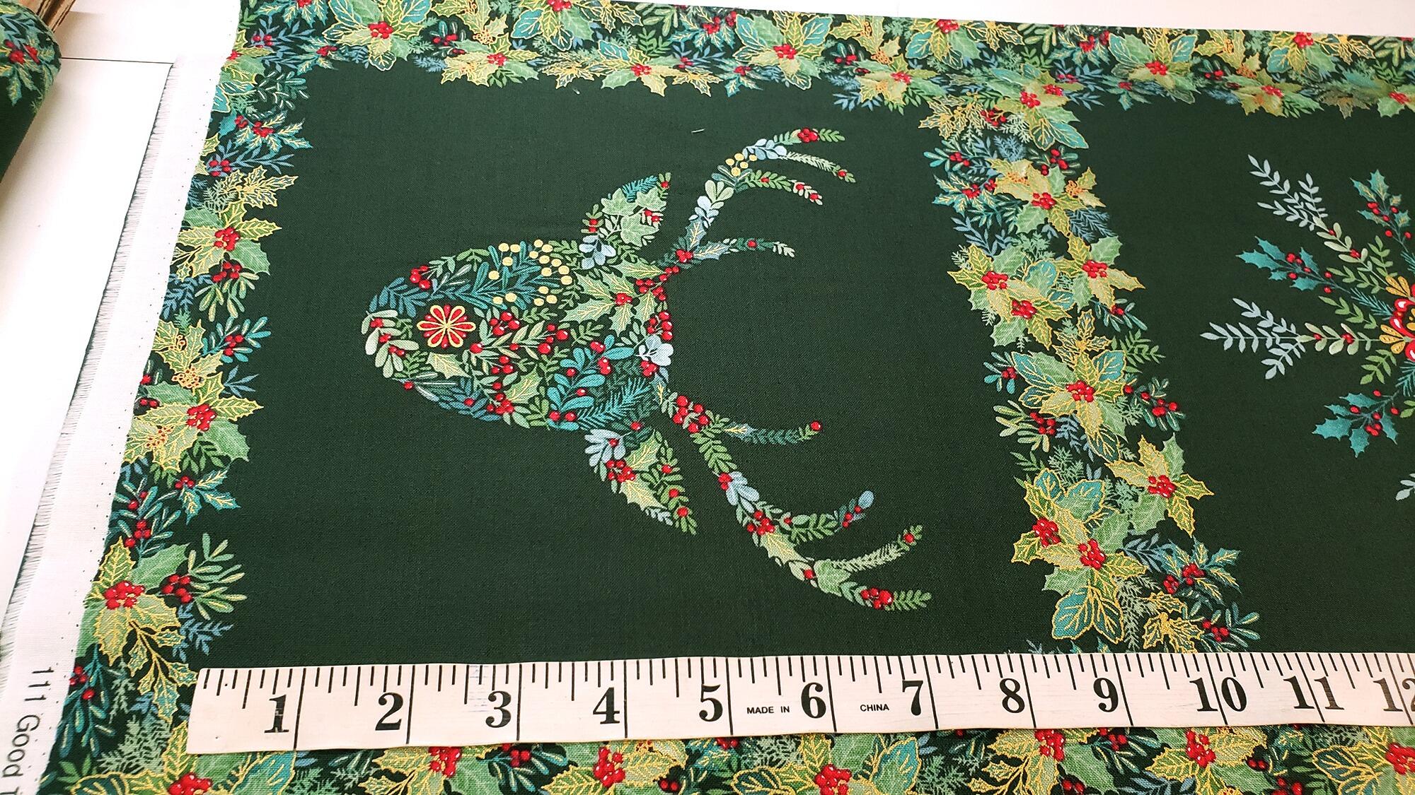 Makower Good Tidings 100% cotton Christmas fabric panels, deer, wreaths, snowmen