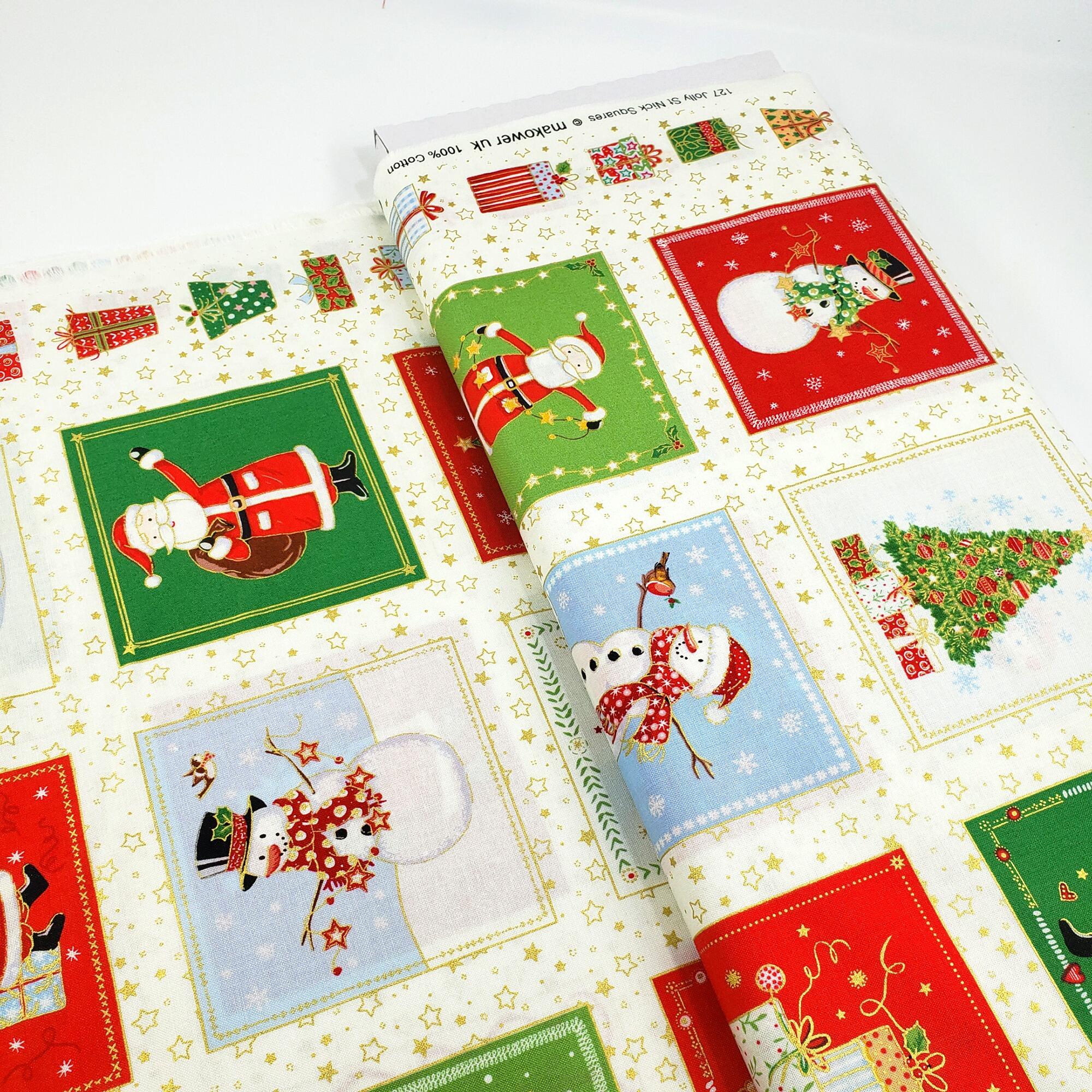 Makower Good Tidings 100% cotton Christmas fabric panels, deer, wreaths, snowmen
