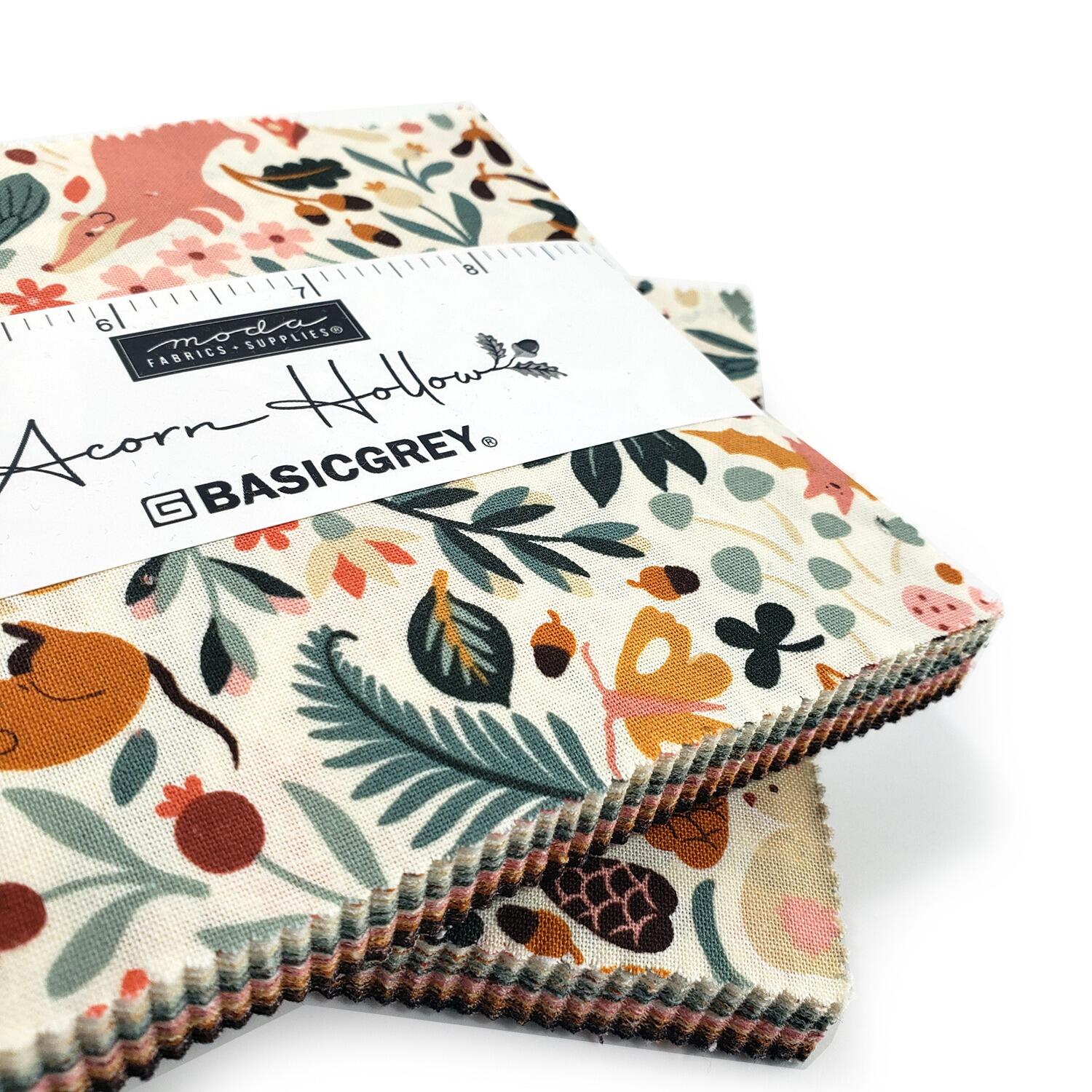 Moda, acorn hollow, basicgrey, autumnal fabric, autumn charm pack, woodland animals, 5 inch squares, patchwork squares