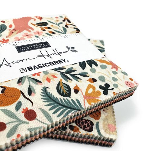 Moda, acorn hollow, basicgrey, autumnal fabric, autumn charm pack, woodland animals, 5 inch squares, patchwork squares