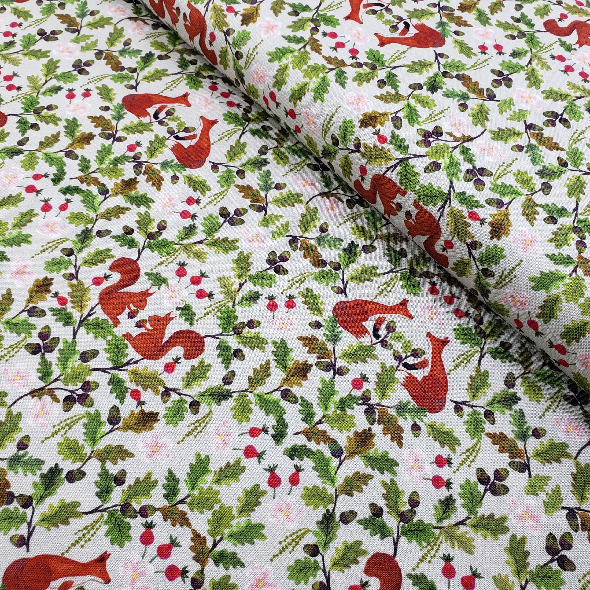 Lewis & Irene,old quercus, owls, acorns, squirrels, foxes, woodland fabric, autumn fabric