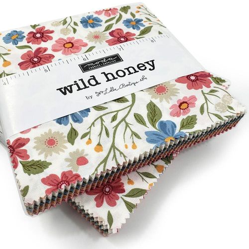 Moda charm pack Lella Boutique Wild Honey floral, bee fabric, honeycombs, charm pack, 5 inch squares, easy quilt squares