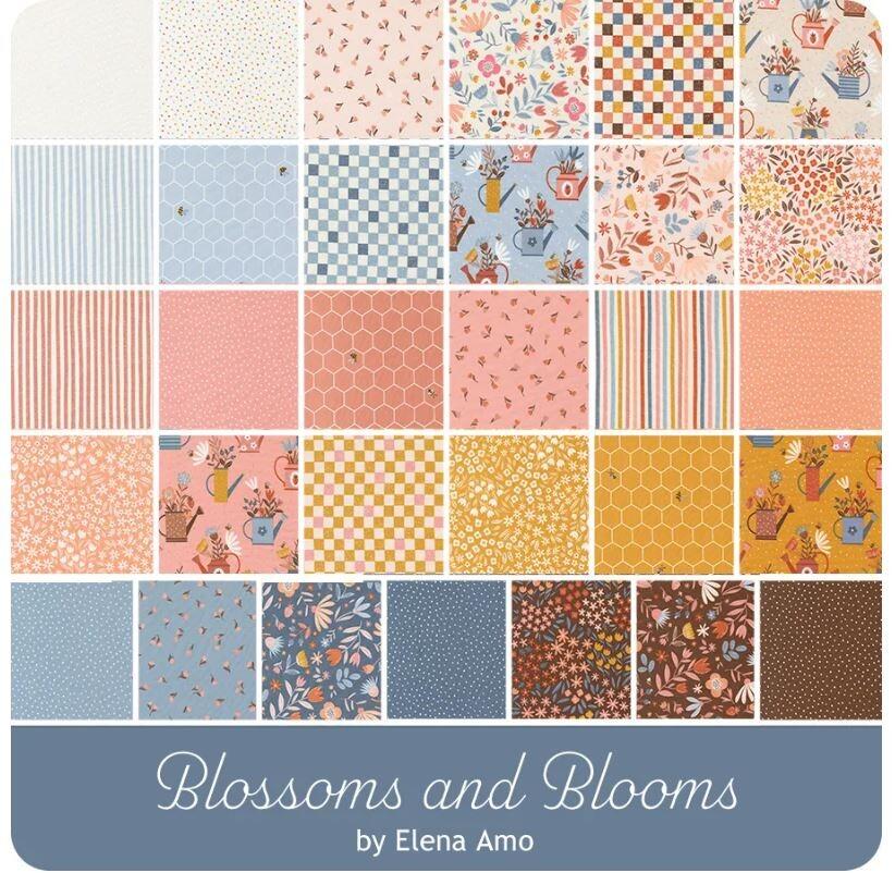 moda charm pack, blossoms & blooms, elena amo, flowers, watering cans, vintage inspired fabric