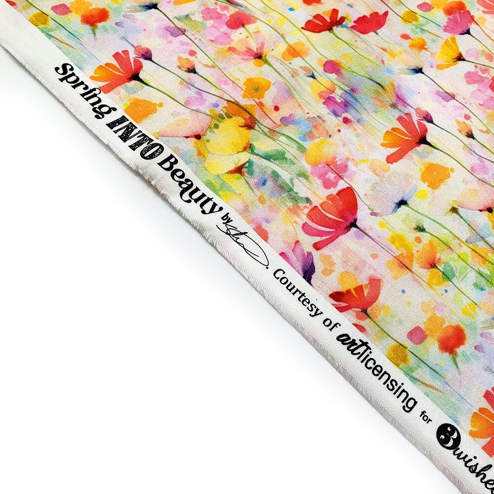 Spring into beauty fabric, 3wishes, blue and pink feathers, pastel florals, watercolour floral fabric